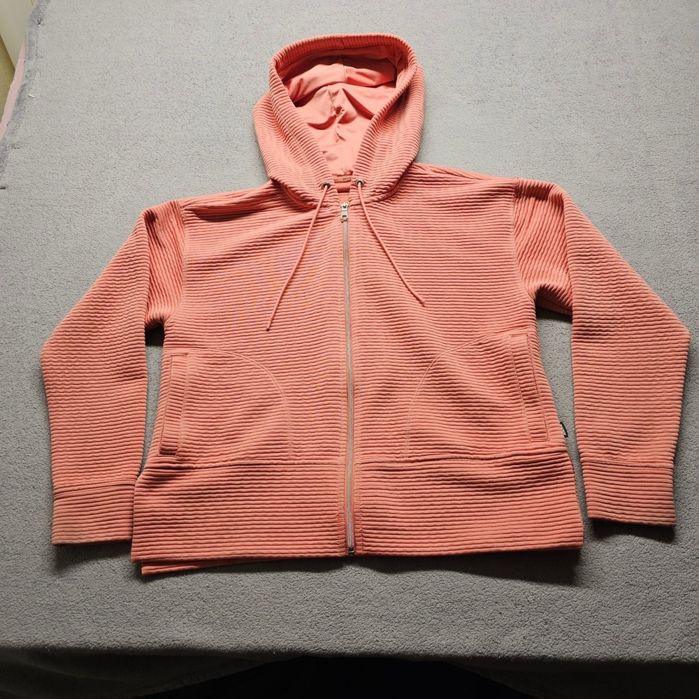 DKNY Ribbed Full Zip Hoodie Womens Medium Coral Pink Athleisure Textured Jacket